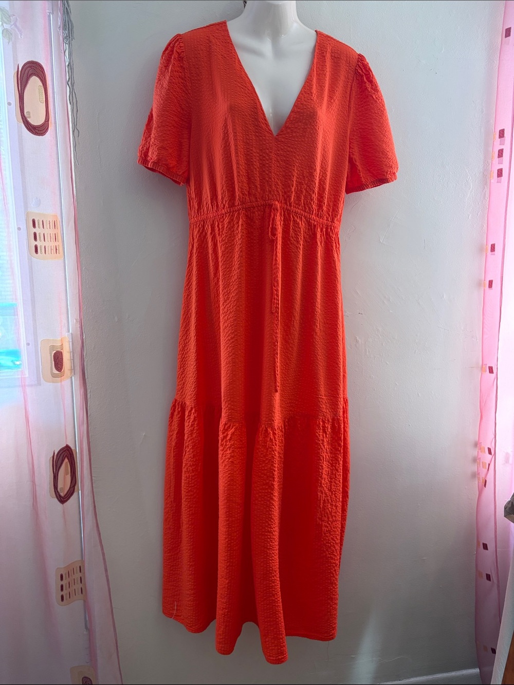 Mango V-Neck Tiered Maxi Dress in Bright Orange-Red.  Viscose. Cotton